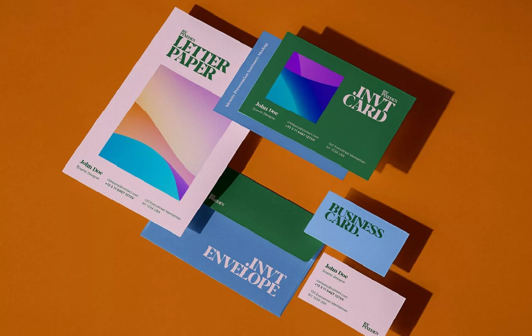 Stationery branding mockup scene with business card, letterhead, and envelope layout