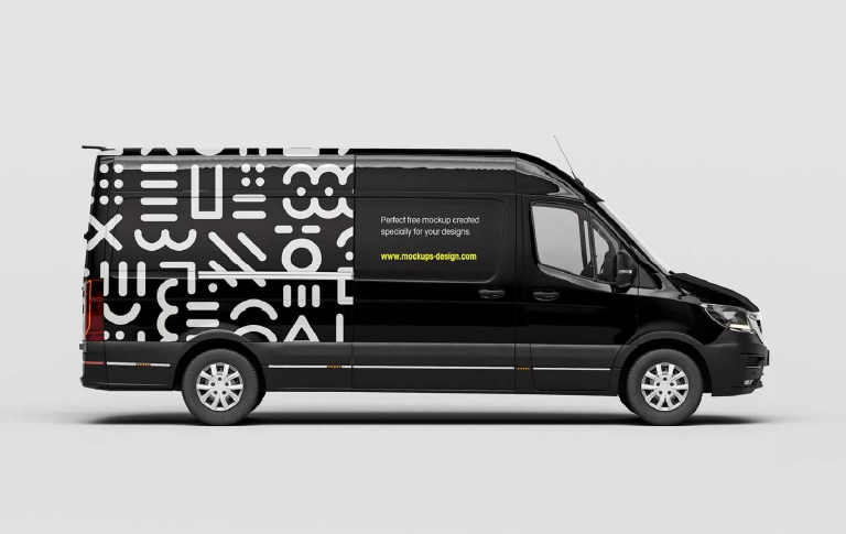 Side view van mockup with customizable wrap design and editable PSD