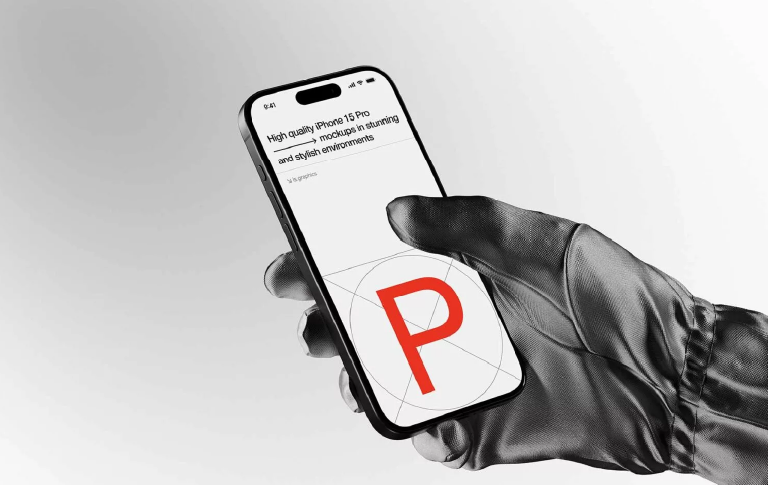 iPhone mockup held by a gloved hand with editable screen design